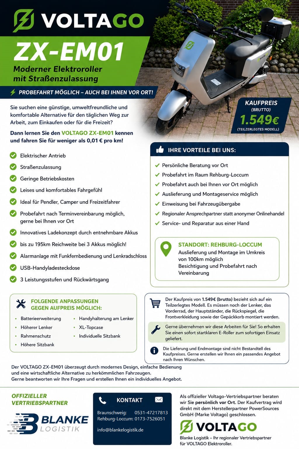 VOLTAGO ZX-EM01 Elektroroller Angebot von Blanke Logistik